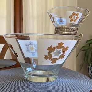 Vintage Anchor Hocking Chip & Dip Set Golden Leaf Medallion Pattern